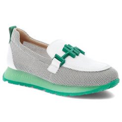 Biało-Zielone Półbuty Hispanitas Stylowe Wsuwane Obuwie Damskie. Białe półbuty damskie Hispanitas, z aplikacjami, z jeansu, eleganckie, bez obcasa, bez zapięcia. Za 599.00 zł.