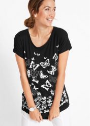 T-shirt z nadrukiem. Czarne t-shirty damskie bonprix, bez wzorów, bez kołnierzyka, bez ramiączek. Za 59.99 zł.