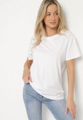 Biały Gładki T-shirt z Bawełny o Klasycznym Kroju Natime. Białe t-shirty damskie Born2be, l, bez wzorów, z bawełny, klasyczne, bez kołnierzyka, bez ramiączek. Za 39.99 zł.
