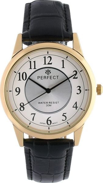 Zegarek Perfect Zegarek męski kwarcowy biało-złoty klasyczny skórzany pasek C402. Białe zegarki męskie Perfect, bez wzorów, złote. Za 57.19 zł.