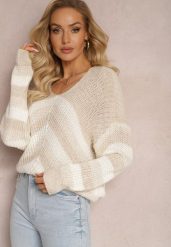 Beżowy Dzianinowy Sweter w Paski Hlenora. Brązowe swetry nierozpinane damskie Renee, z aplikacjami, z dzianiny, casualowe, bez kołnierzyka, bez ramiączek. Za 69.99 zł.