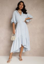 Jasnoniebieska Koszulowa Sukienka Ozdobiona Falbanką Ransara. Niebieskie sukienki damskie Renee, na co dzień, bez wzorów, eleganckie, bez kołnierzyka, bez ramiączek, midi, koszulowe. Za 74.99 zł.