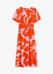 Sukienka midi z nadrukiem. Brązowe sukienki damskie bonprix, bez wzorów, bez kołnierzyka, bez ramiączek, midi. Za 149.99 zł.
