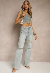 Jasnoniebieskie Jeansy High Waist o Szerokim Kroju z Przetarciami Zeleldi. Niebieskie jeansy damskie Renee, bez wzorów, z jeansu, eleganckie, z podwyższonym stanem. Za 119.99 zł.