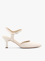 Kremowe ślubne czółenka slingback. Brązowe czółenka damskie Ryłko, bez wzorów, z gumy, eleganckie, bez obcasa, bez zapięcia. Za 399.99 zł.