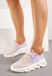 Biało-Fioletowe Siateczkowe Buty Sportowe Sneakersy na Grubej Tłoczonej Podeszwie Telarienna. Białe obuwie sportowe damskie Born2be, bez wzorów, z jeansu, bez zapięcia. Za 59.99 zł.