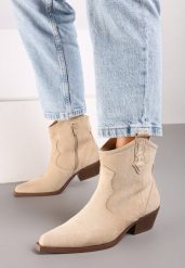 Beżowe Botki Kowbojki na Obcasie na Suwak Evitha. Brązowe botki damskie Born2be, bez wzorów, z jeansu, eleganckie, bez obcasa, na obcasie, bez zapięcia. Za 129.99 zł.