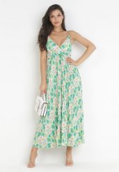 Zielona Plisowana Sukienka Maxi na Cienkich Regulowanych Ramiączkach Iazza. Zielone sukienki damskie Born2be, l, bez wzorów, bez kołnierzyka, bez ramiączek, maxi. Za 79.99 zł.