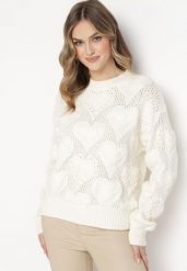 Beżowy Sweter w Serca o Klasycznym Fasonie ze Ściągaczami Biriet. Brązowe swetry nierozpinane damskie Born2be, m, bez wzorów, z bawełny, klasyczne, bez kołnierzyka, bez ramiączek. Za 89.99 zł.