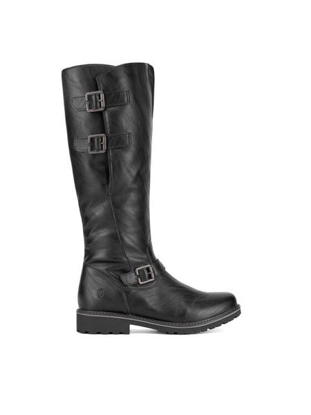 Remonte Kozaki R6590-01 Czarny. Czarne kozaki damskie Remonte, bez wzorów, z materiału, bez obcasa, na płaskiej podeszwie, bez zapięcia. Za 415.00 zł.