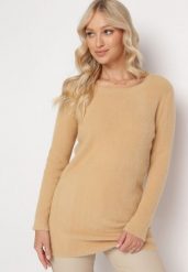 Beżowy Sweter z Puchatej Dzianiny Valen. Brązowe swetry nierozpinane damskie Born2be, na zimę, m, bez wzorów, z dzianiny, bez kołnierzyka, bez ramiączek. Za 84.99 zł.