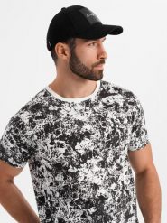 Męska wzorzysta bawełniana koszulka z krótkim rękawem – biało-czarna V2 - Rozmiar: L. Białe t-shirty męskie Ombre Clothing, l, bez wzorów, z bawełny, bez kołnierzyka, bez ramiączek. W wyprzedaży za 39.99 zł.