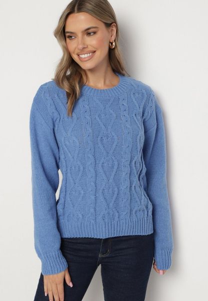 Niebieski Sweter z Wełną Ściągaczem i Tłoczeniem Riavonnae. Niebieskie swetry nierozpinane damskie Born2be, bez wzorów, z jeansu, eleganckie, bez kołnierzyka, bez ramiączek. Za 79.99 zł.