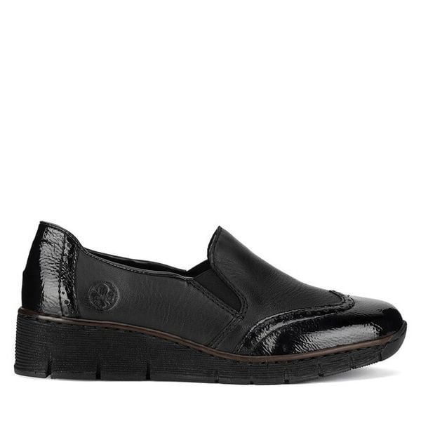 Półbuty Rieker. Czarne półbuty damskie Rieker, bez wzorów, bez obcasa, na płaskiej podeszwie, bez zapięcia. Za 329.99 zł.