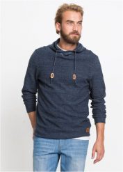 Sweter z kapturem, z bawełny. Niebieskie swetry męskie bonprix, l, z aplikacjami, z bawełny, bez kołnierzyka, bez ramiączek. Za 129.99 zł.