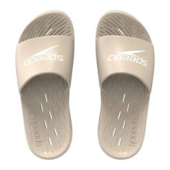 Klapki basenowe antypoślizgowe damskie Speedo Slides. Brązowe klapki damskie Speedo, na lato, bez wzorów, z materiału, bez obcasa, bez zapięcia. Za 97.99 zł.