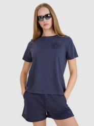 4F T-shirt regular z nadrukiem damski - szary L. Szare t-shirty damskie 4F, l, bez wzorów, z bawełny, klasyczne, bez kołnierzyka, bez ramiączek. W wyprzedaży za 39.99 zł.