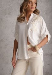 Biała Nietoperzowa Koszula z Wiskozy z Podpinanymi Rękawami i Haftem Adreaneh. Białe koszule damskie Renee, l, bez wzorów, z materiału, casualowe, bez kołnierzyka, bez ramiączek. Za 69.99 zł.