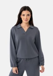 Bluza z kołnierzem B-NALIA. Szare bluzy damskie Volcano, l, bez wzorów, z elastanu, biznesowe, bez ramiączek, bez kaptura. Za 159.99 zł.