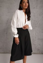Czarne Szerokie Szorty Eleganckie Bermudy High Waist z Zaszewkami w Talii Choniala. Czarne szorty damskie Renee, bez wzorów, biznesowe, z podwyższonym stanem. Za 119.99 zł.