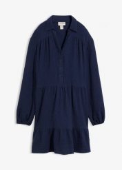 Krótka muślinowa sukienka z falban. Niebieskie sukienki damskie bonprix, bez wzorów, bez kołnierzyka, bez ramiączek, mini. Za 47.99 zł.