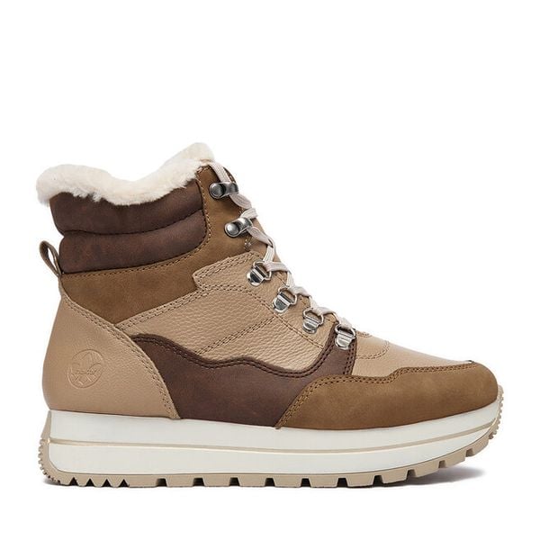 Trzewiki Rieker. Brązowe botki damskie Rieker, bez wzorów, bez obcasa, na płaskiej podeszwie, bez zapięcia. Za 309.99 zł.