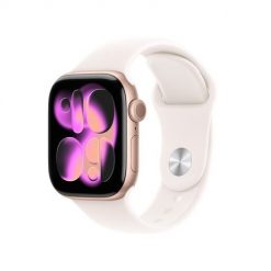 Zegarek Apple Watch Series 11 (2025) GPS 42mm Aluminiowa koperta w kolorze różowego złota ze sportowym paskiem S/M - Jasny rumieniec. Czerwone zegarki smartwatch Apple, bez wzorów. Za 2,180.99 zł.
