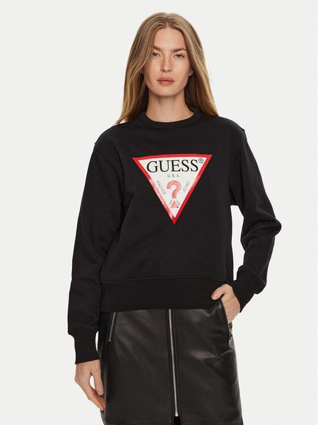 Guess Bluza W2YQ16 KBA11 Czarny Regular Fit. Czarne bluzy damskie Guess, l, z aplikacjami, z bawełny, bez ramiączek, bez kaptura. Za 229.99 zł.