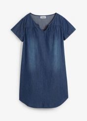 Sukienka dżinsowa tunikowa. Niebieskie sukienki damskie bonprix, bez wzorów, bez kołnierzyka, bez ramiączek. Za 124.99 zł.