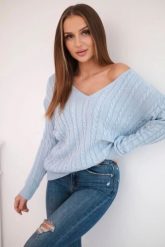 Sweter pleciony z dekoltem V błękitny. Niebieskie swetry nierozpinane damskie KESI, l, bez wzorów, z wełny, bez kołnierzyka, plus size, bez ramiączek. Za 158.92 zł.