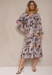 Czarna Sukienka w Kwiatowy Print o Rozkloszowanym Kroju z Dekoltem w Serek Janellia. Czarne sukienki damskie Renee, bez wzorów, bez kołnierzyka, bez ramiączek, midi, rozkloszowane. Za 89.99 zł.