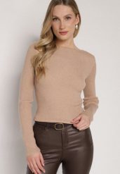 Beżowy Sweter z Wiskozą i Metaliczną Nitką Lillanova. Brązowe swetry nierozpinane damskie Born2be, s, bez wzorów, z jeansu, bez kołnierzyka, bez ramiączek. Za 79.99 zł.