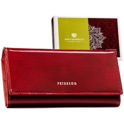 Elegancki portfel damski ze skóry naturalnej w czerwonym kolorze, zamykany zatrzaskiem i biglem - Peterson. Czerwone portfele damskie Peterson, ze skóry. Za 129.99 zł.