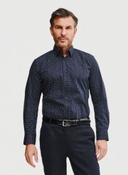 PAKO LORENTE – Granatowa koszula męska w mikrowzór. Koszule męskie Pako Lorente, na lato, m, bez wzorów, z bawełny, bez kołnierzyka, bez ramiączek. Za 199.99 zł.
