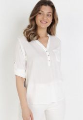 Biała Bluzka Fiber. Białe bluzki damskie Born2be, l, bez wzorów, z jeansu, bez kołnierzyka, bez ramiączek. Za 54.99 zł.