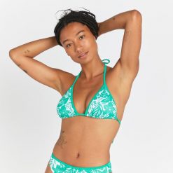 Góra kostiumu kąpielowego surfingowego damska Olaian Mae Borneo. Zielone bikini OLAIAN, bez wzorów, z elastanu. W wyprzedaży za 19.99 zł.