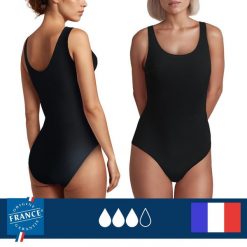 Menstruacyjny jednoczęściowy strój kąpielowy klasyczny – duża chłonność. Czarne stroje kąpielowe damskie PLIM UNDERWEAR, bez wzorów. Za 269.99 zł.