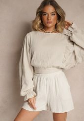 Beżowe Basicowe Szorty z Bawełny High Waist Naldelle. Brązowe szorty damskie Renee, bez wzorów, z bawełny, eleganckie, z podwyższonym stanem. Za 49.99 zł.