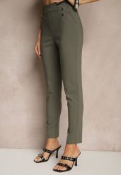 Ciemnozielone Spodnie z Wiskozą High Waist z Ozdobnymi Guzikami Redillia. Zielone spodnie materiałowe damskie Renee, bez wzorów, z jeansu, eleganckie, z podwyższonym stanem. Za 59.99 zł.