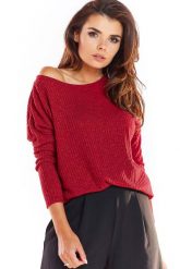Bordowy Dzianinowy Sweter w Łódkę o Kroju Oversize. Czerwone swetry nierozpinane damskie Awama, l, bez wzorów, z dzianiny, bez kołnierzyka, bez ramiączek. Za 169.90 zł.