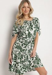 Zielona Bawełniana Sukienka w Ornamentalne Rośliny z Wiązaniem Przy Rękawach Tosvena. Zielone sukienki damskie Born2be, na co dzień, l, bez wzorów, z bawełny, eleganckie, bez kołnierzyka, bez ramiączek, midi. Za 49.99 zł.