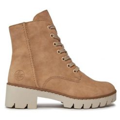 Trzewiki Rieker. Brązowe botki damskie Rieker, bez wzorów, bez obcasa, na słupku, bez zapięcia. Za 279.99 zł.