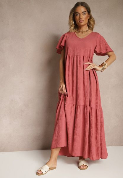 Ciemnoróżowa Wiskozowa Sukienka Rozkloszowana Natonia. Czerwone sukienki damskie Renee, na co dzień, m, bez wzorów, z materiału, bez kołnierzyka, bez ramiączek, maxi, rozkloszowane. Za 39.99 zł.