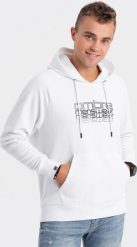 Ombre Męska bluza nierozpinana z kapturem i nadrukiem - biała V1 OM-SSPS-0153 XL. Białe bluzy męskie Ombre, m, bez wzorów, z kapturem. Za 49.99 zł.