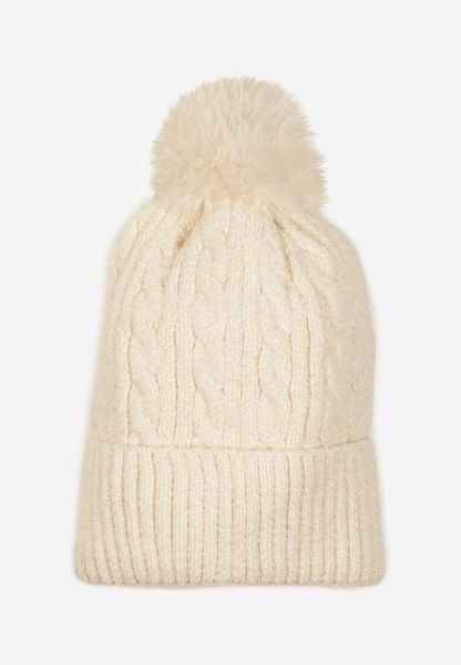 Jasnobeżowa Czapka w Ozdobny Warkoczowy Splot z Pomponem Emmilae. Brązowe czapki damskie Renee, bez wzorów, z dzianiny, eleganckie. Za 29.99 zł.