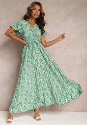 Zielona Plisowana Sukienka Maxi w Kwiatki z Gumką w Talii Ikama. Zielone sukienki damskie Renee, l, bez wzorów, z materiału, bez kołnierzyka, bez ramiączek, maxi. Za 89.99 zł.