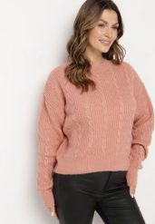 Jasnoróżowy Sweter Krótki z Wycięciem na Plecach Torine. Czerwone swetry nierozpinane damskie Born2be, m, bez wzorów, z jeansu, eleganckie, bez kołnierzyka, bez ramiączek. Za 109.99 zł.