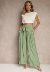 Zielone Wiskozowe Spodnie High Waist o Szerokim Kroju Aranisa. Zielone spodnie materiałowe damskie Renee, z aplikacjami, z jeansu, eleganckie, z podwyższonym stanem. Za 59.99 zł.