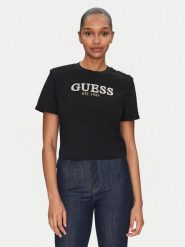 Guess T-Shirt W5GI15 K8FQ4 Czarny Regular Fit. Czarne t-shirty damskie Guess, xs, z aplikacjami, z bawełny, bez kołnierzyka, bez ramiączek. Za 129.99 zł.