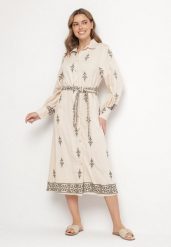 Beżowa Wiskozowa Sukienka Koszulowa Szmizjerka z Paskiem Telandora. Brązowe sukienki damskie Born2be, na co dzień, l, bez wzorów, z wiskozy, eleganckie, bez kołnierzyka, bez ramiączek, midi, koszulowe. Za 159.99 zł.